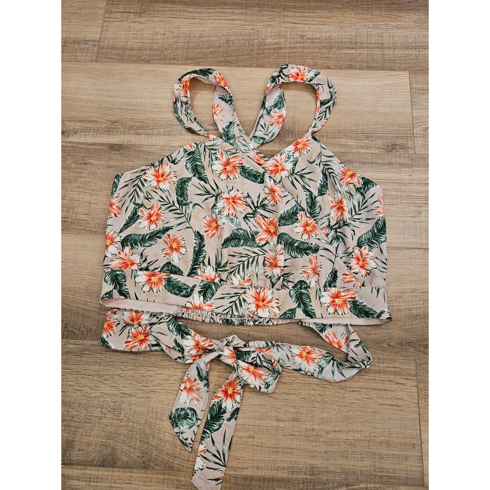 Express Women's XL Tropical Floral Wrap Crop Top Crisscross Back Tie NWT
